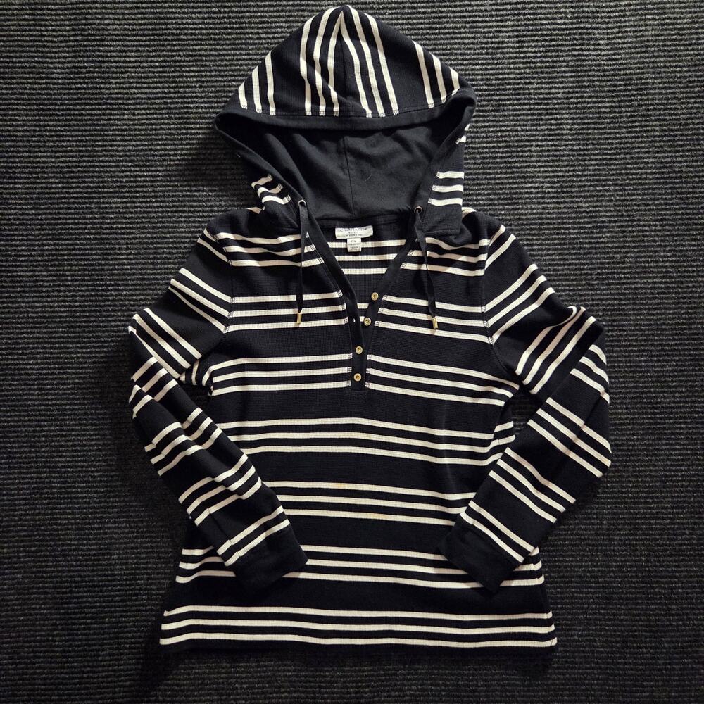 Women's Striped Hoodie Long Sleeve Black White 100% Cotton Charter Club M